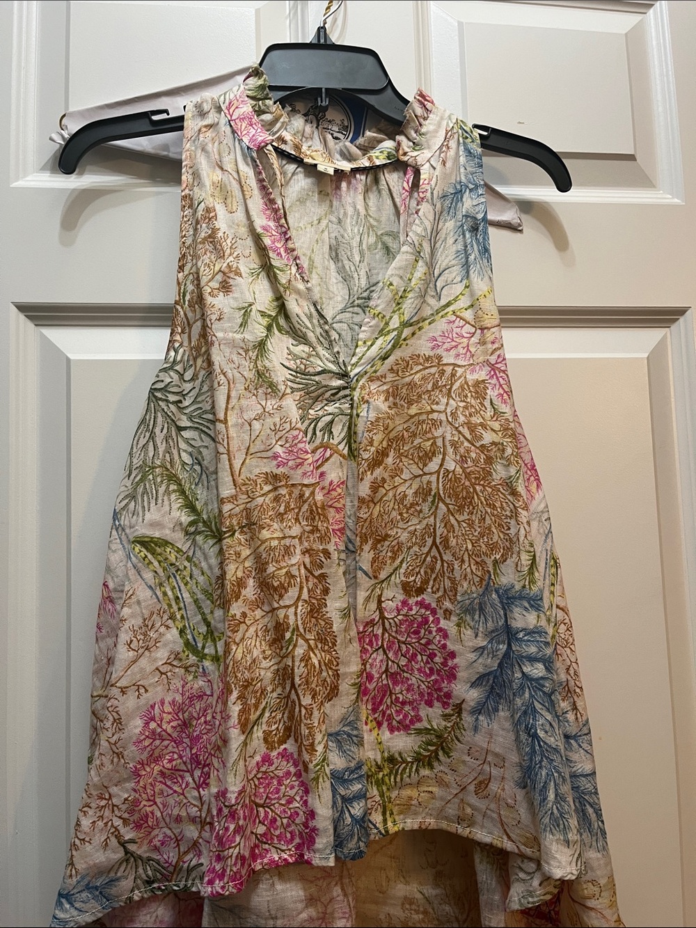 Pilcro Floral Ruffle-Neck Sleeveless Camisole in Cream with Pink & Blue Accents